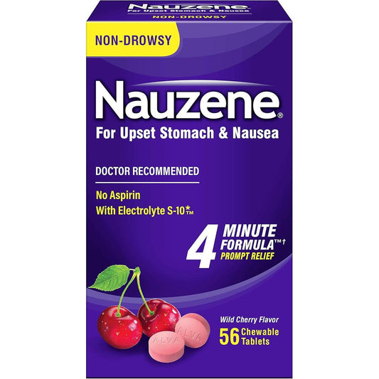 Nauzene Non Drowsy Upset Stomach and Nausea Relief Chewable Tablets 56 Count front packaging view for fast acting relief