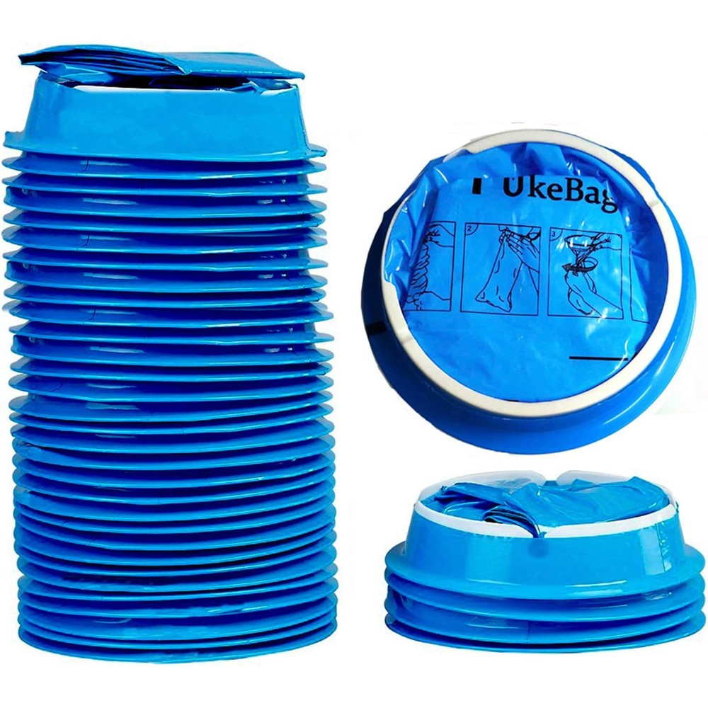 PukeBag disposable emesis bags 50 pack front view showcasing the blue leak proof travel vomit bags