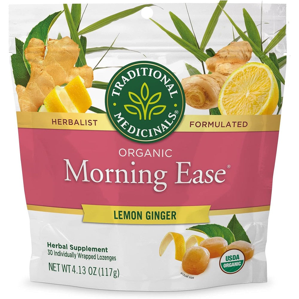 Traditional Medicinals Organic Morning Ease Lemon Ginger Lozenges front packaging for pregnancy nausea relief