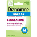 Dramamine Long Lasting Nausea Relief 20 Tablets packaging front view showing meclizine hydrochloride strength