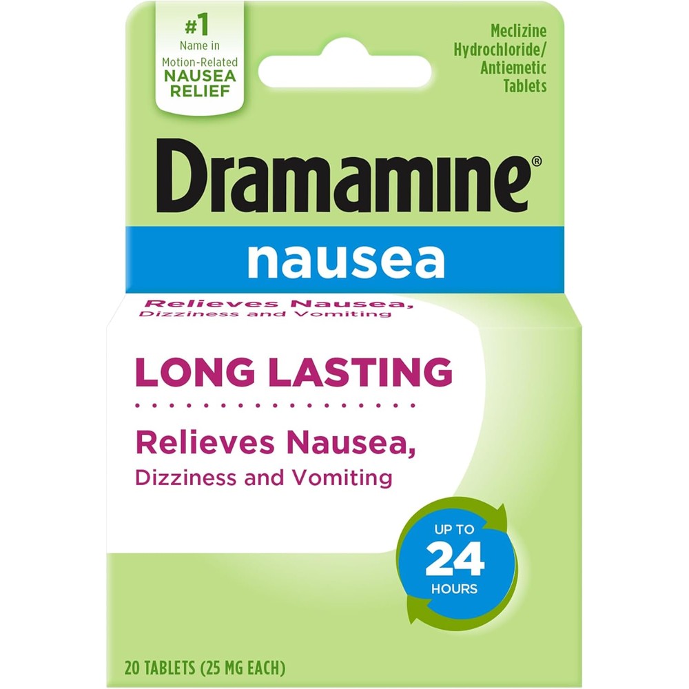 Dramamine Long Lasting Nausea Relief 20 Tablets packaging front view showing meclizine hydrochloride strength