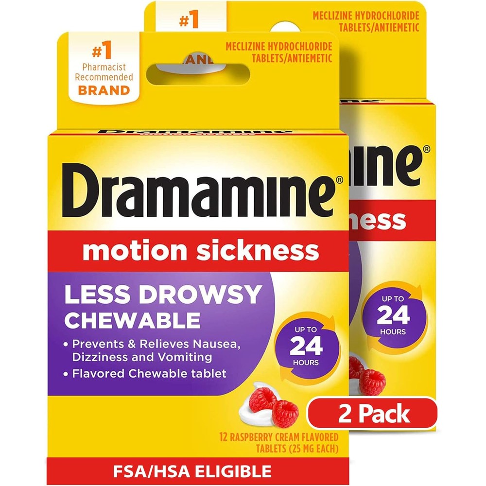 Dramamine Chewable Less Drowsy motion sickness relief front packaging display