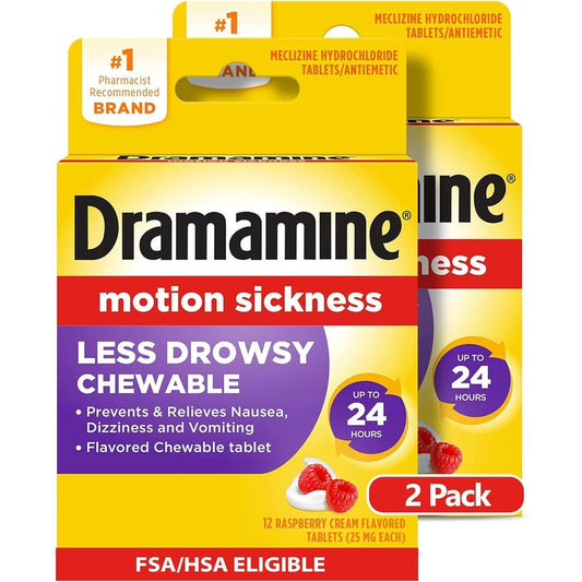 Dramamine Chewable Less Drowsy motion sickness relief front packaging display