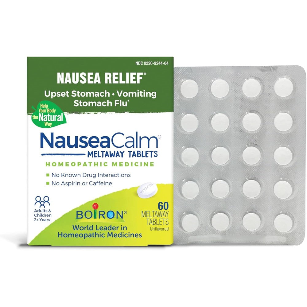 Boiron NauseaCalm 60 count box front view showing non drowsy stomach relief details