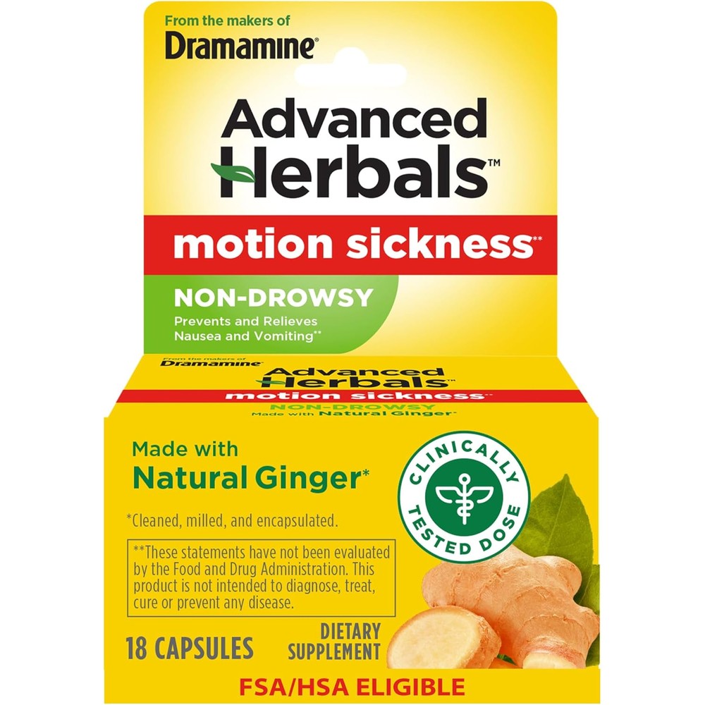 Dramamine Advanced Herbals Non Drowsy bottle front view for motion sickness relief