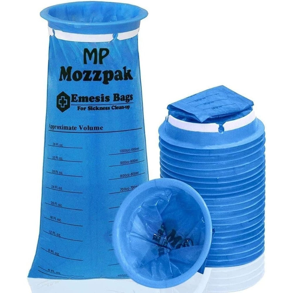MP MOZZPAK Disposable Vomit Bags 24 Pack front packaging view showing medical grade emesis bags.