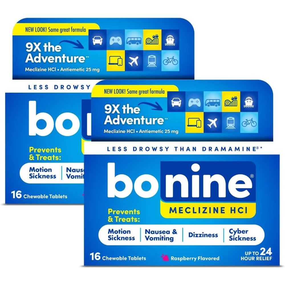 Bonine Non Drowsy Motion Sickness Relief front packaging showing thirty two chewable tablets