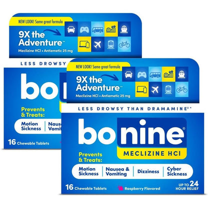 Bonine Non Drowsy Motion Sickness Relief front packaging showing thirty two chewable tablets