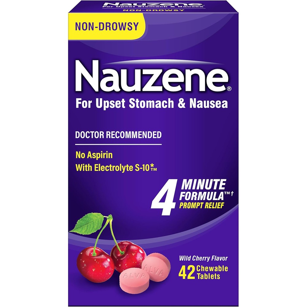 Nauzene non drowsy upset stomach and nausea relief chewable tablets front packaging view