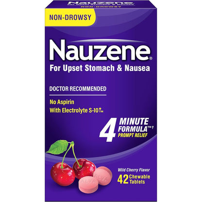 Nauzene non drowsy upset stomach and nausea relief chewable tablets front packaging view