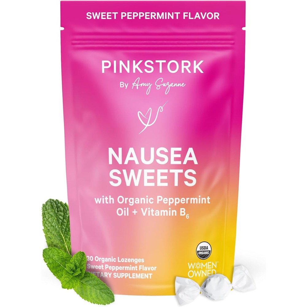 Pink Stork Organic Peppermint Sweets pouch front view showing organic morning sickness relief lozenges