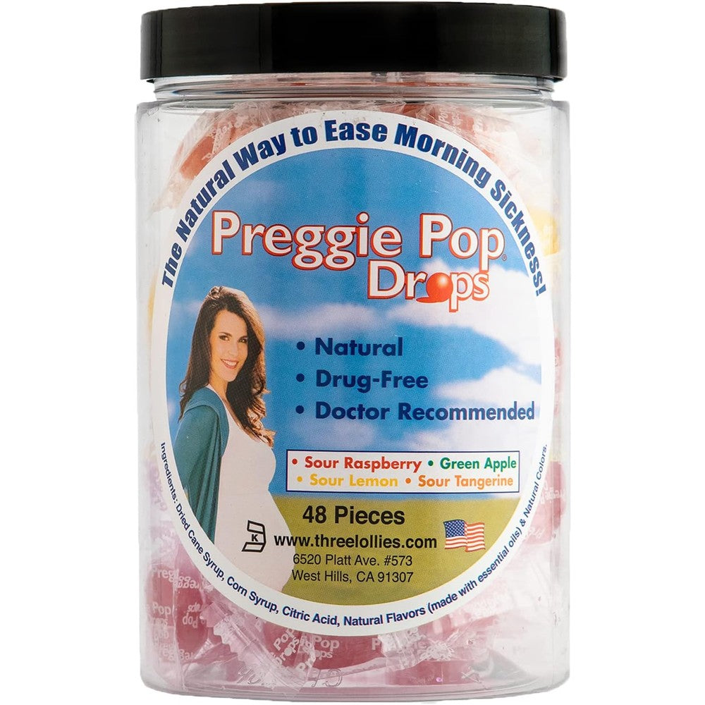 Three Lollies Preggie Pop Drops 48 count container front view morning sickness relief candy