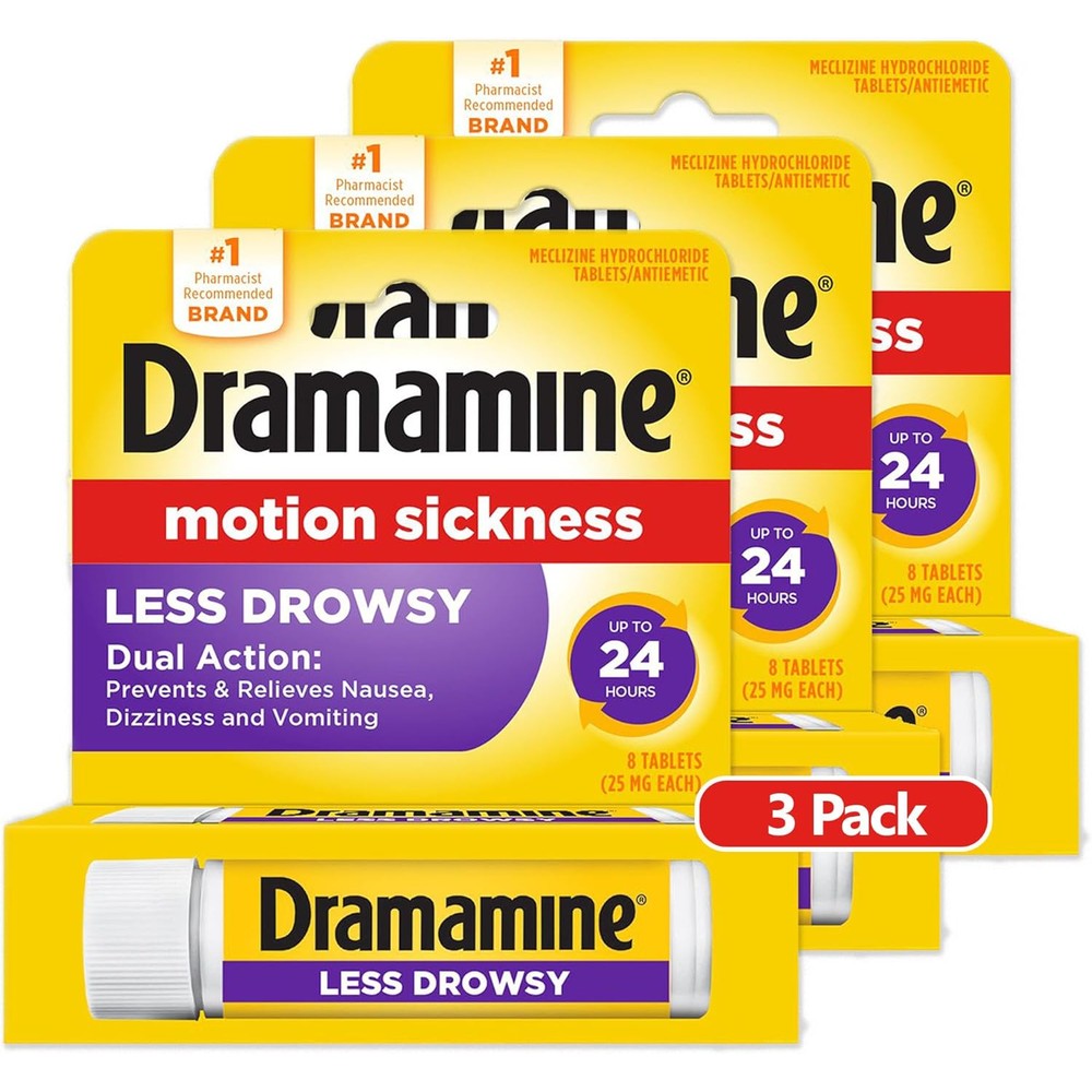 Dramamine All Day Less Drowsy motion sickness relief three pack front view showing packaging and travel vials