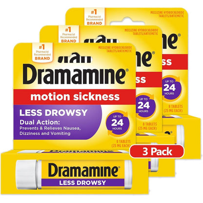 Dramamine All Day Less Drowsy motion sickness relief three pack front view showing packaging and travel vials