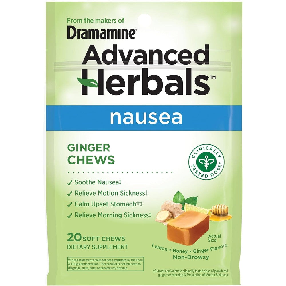 Dramamine Advanced Herbals Ginger Chews 20 count front package view