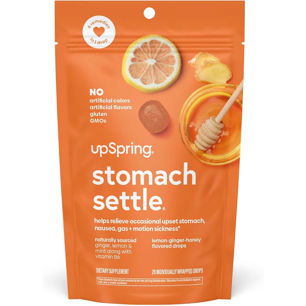 UpSpring Stomach Settle Nausea Relief Drops front view of the 28 count pouch pack.