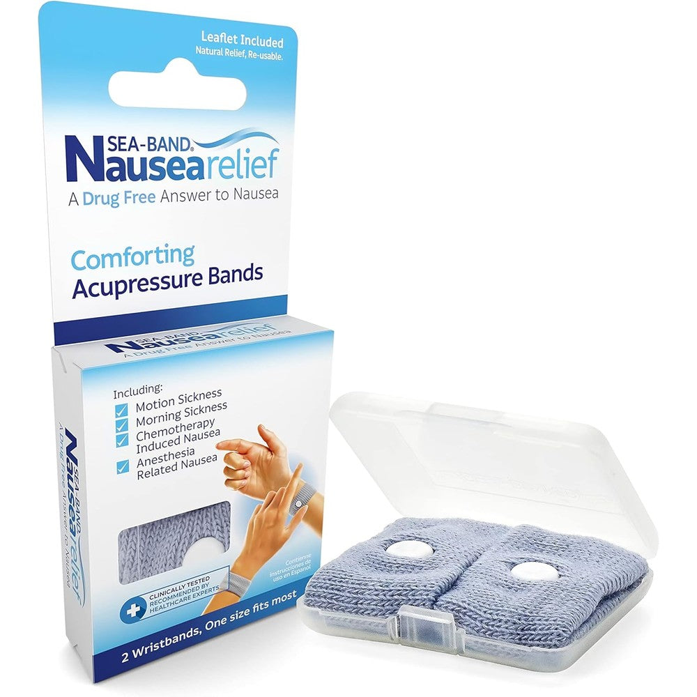 Sea-Band adult anti nausea acupressure wristband front view showing the gray knitted fabric.