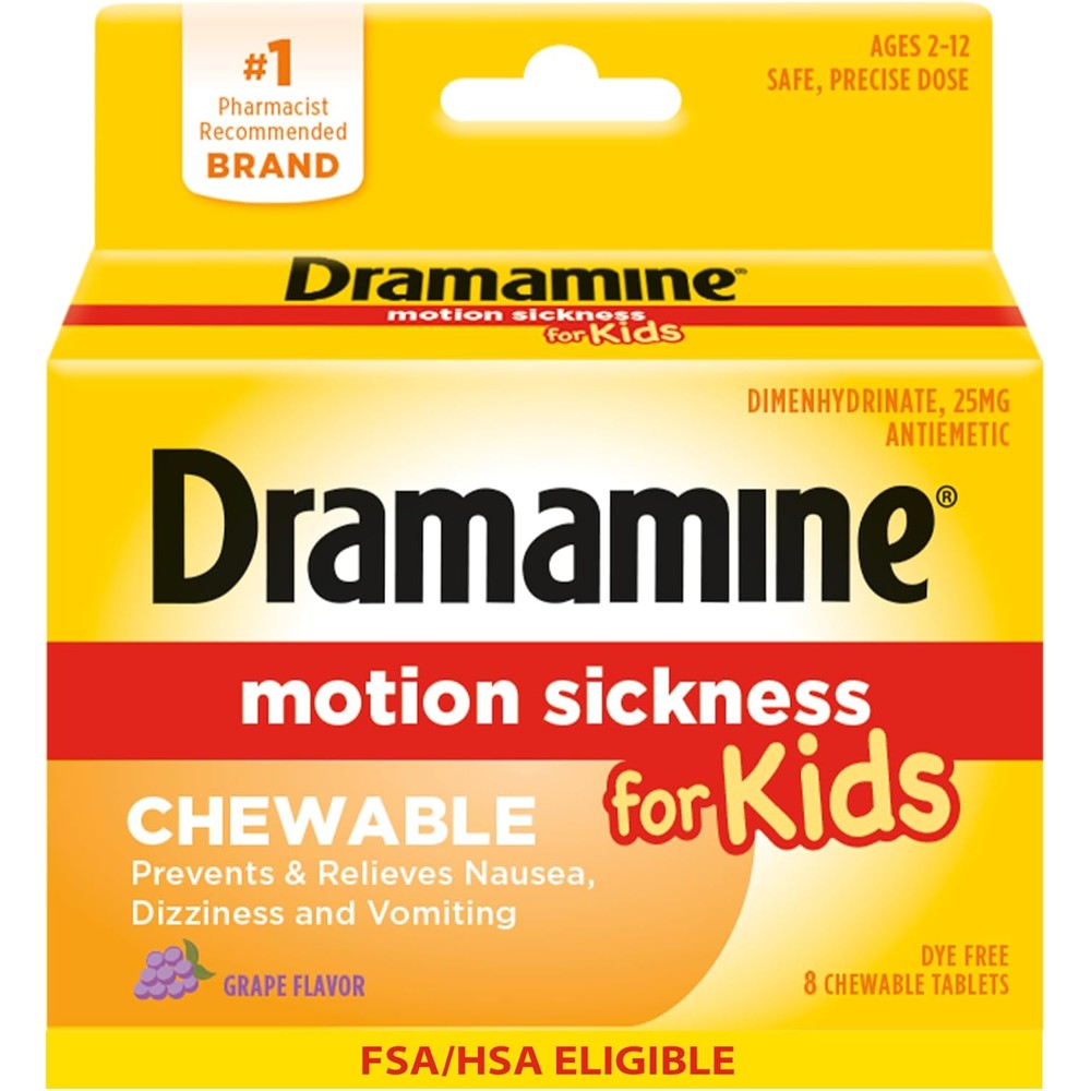 Dramamine Kids Motion Sickness Relief 8 count front view packaging