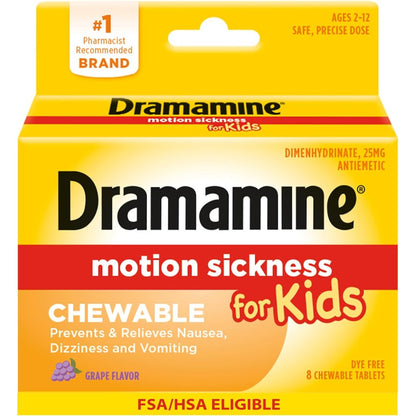 Dramamine Kids Motion Sickness Relief 8 count front view packaging