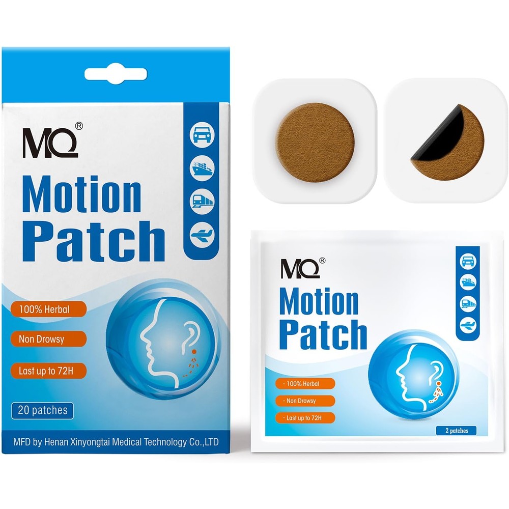 MQ Motion Sickness Patch front view packaging showing twenty count box details