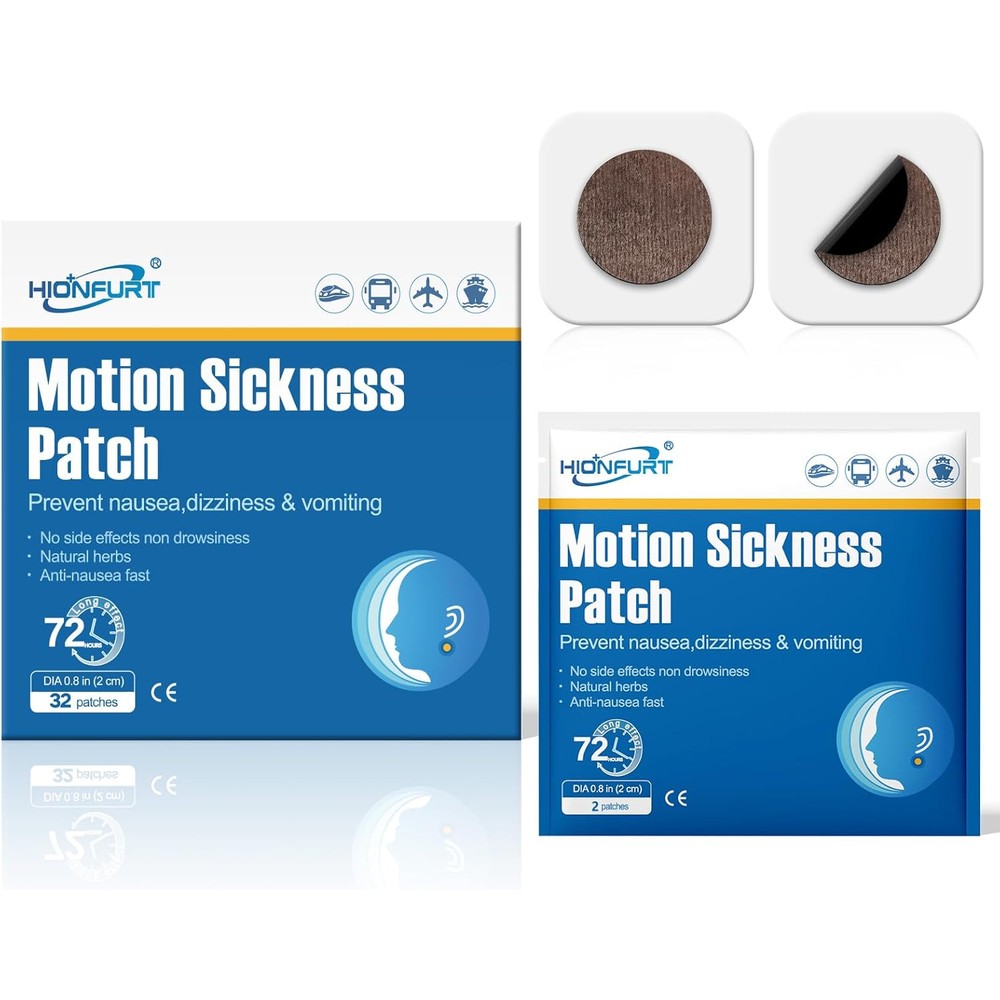 Hionfurt Motion Sickness Patches 32 Count box front view for travel nausea relief