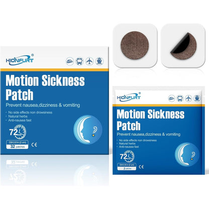 Hionfurt Motion Sickness Patches 32 Count box front view for travel nausea relief