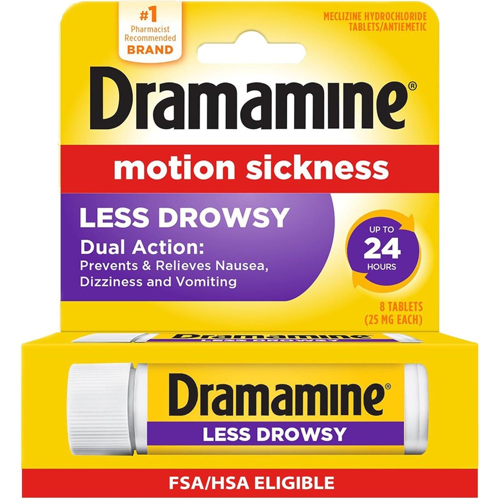 Dramamine Motion Sickness Less Drowsy Travel Vial front view packaging