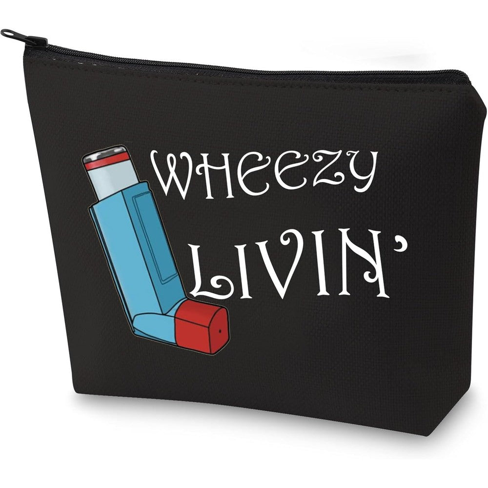 G2TUP asthma inhaler medicine bag front view showing the wheezy livin print graphic.