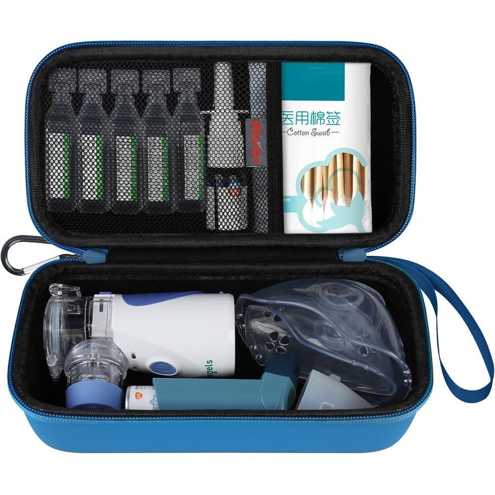 Elonbo carrying case for portable handheld inhaler front view in blue color.