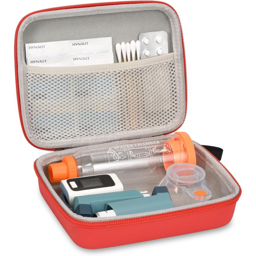 Klawdsky hard travel case for asthma inhaler front view red protective medical pouch