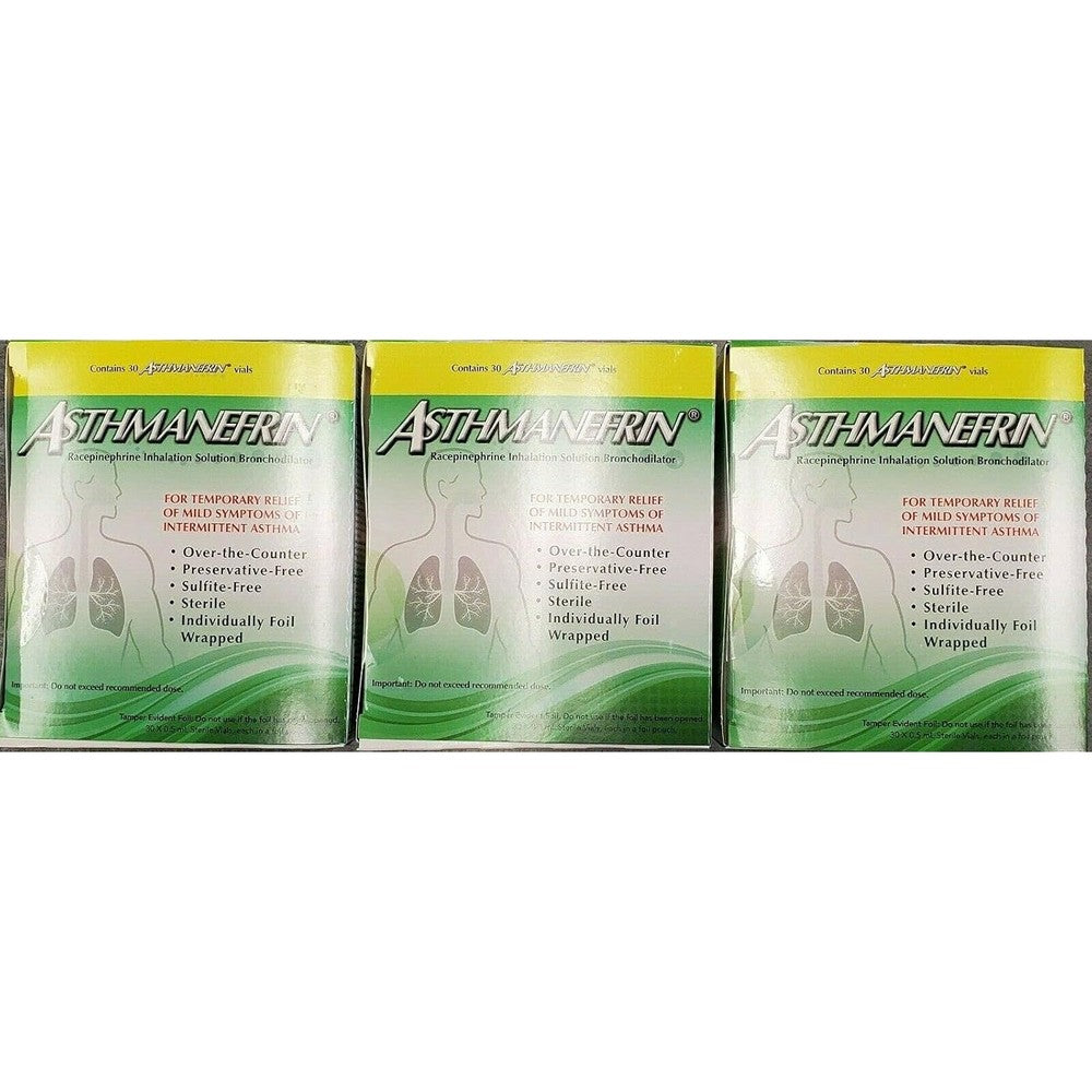 Asthmanefrin Asthma Medication Refill 30 count pack of 3 box front view for authentic over the counter respiratory relief