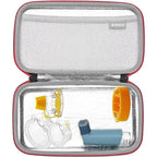 RLSOCO inhaler spacer travel case front view showing the durable black hard shell and secure red zipper closure.