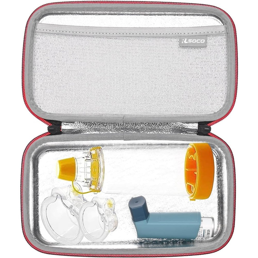 RLSOCO inhaler spacer travel case front view showing the durable black hard shell and secure red zipper closure.