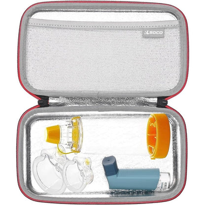 RLSOCO inhaler spacer travel case front view showing the durable black hard shell and secure red zipper closure.
