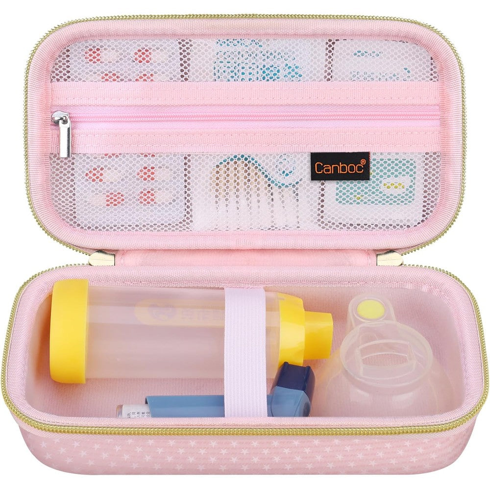 Canboc Carrying Case for Asthma Inhalers pink front view showing durable hard shell exterior