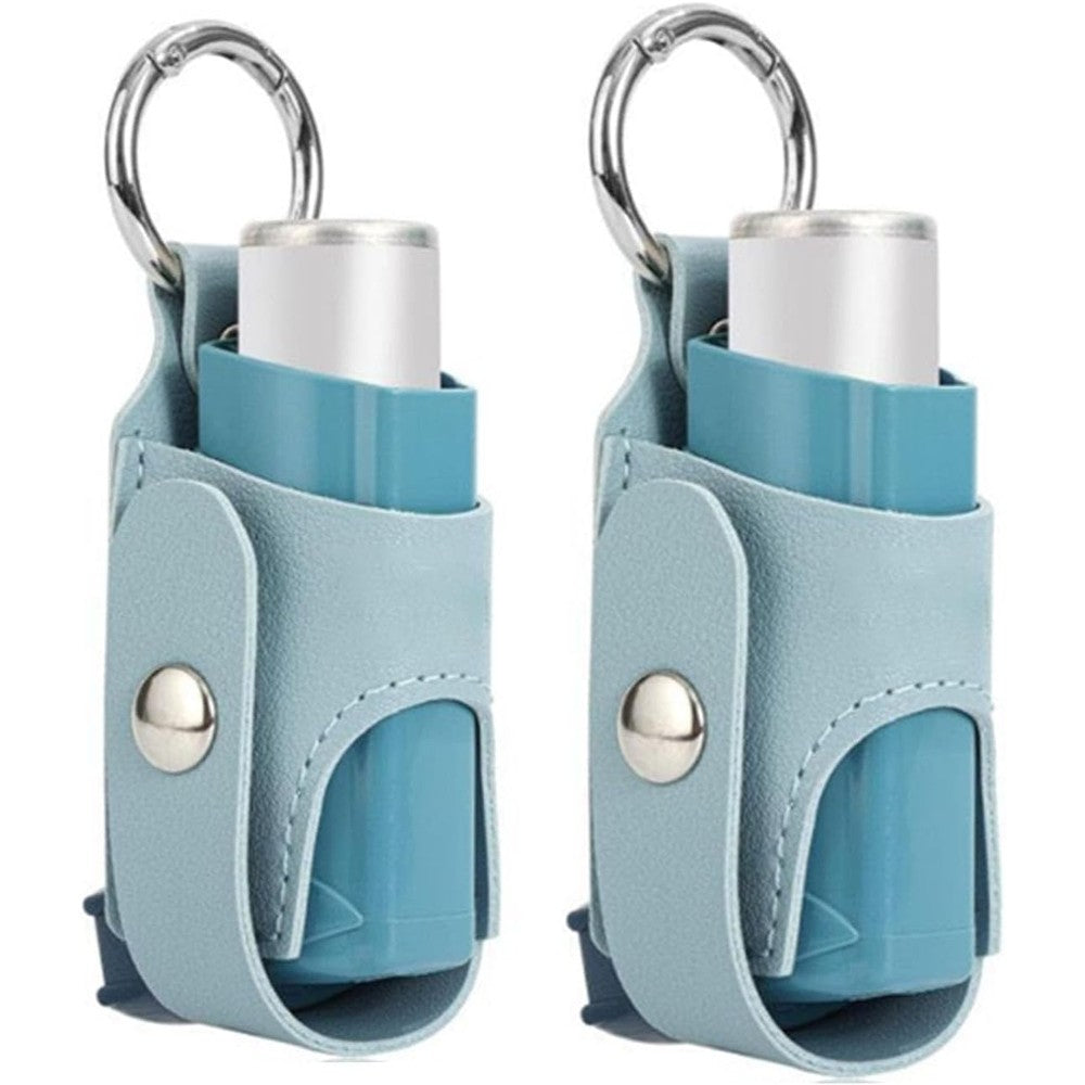 JYGSFCHDC asthma inhaler case holder front view showing azure blue leather and metal keychain clip.