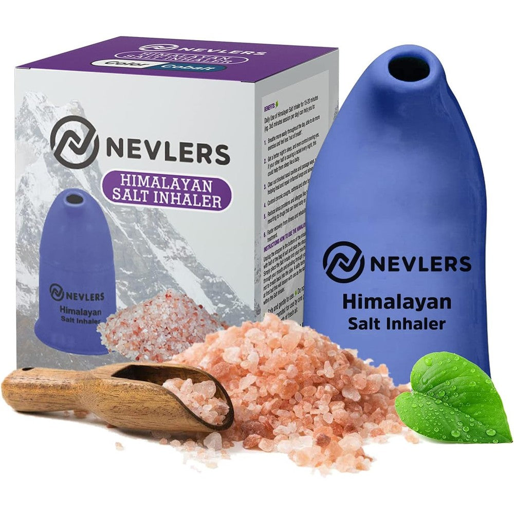 Nevlers Himalayan Salt Inhaler cobalt blue ceramic device with packaging front view