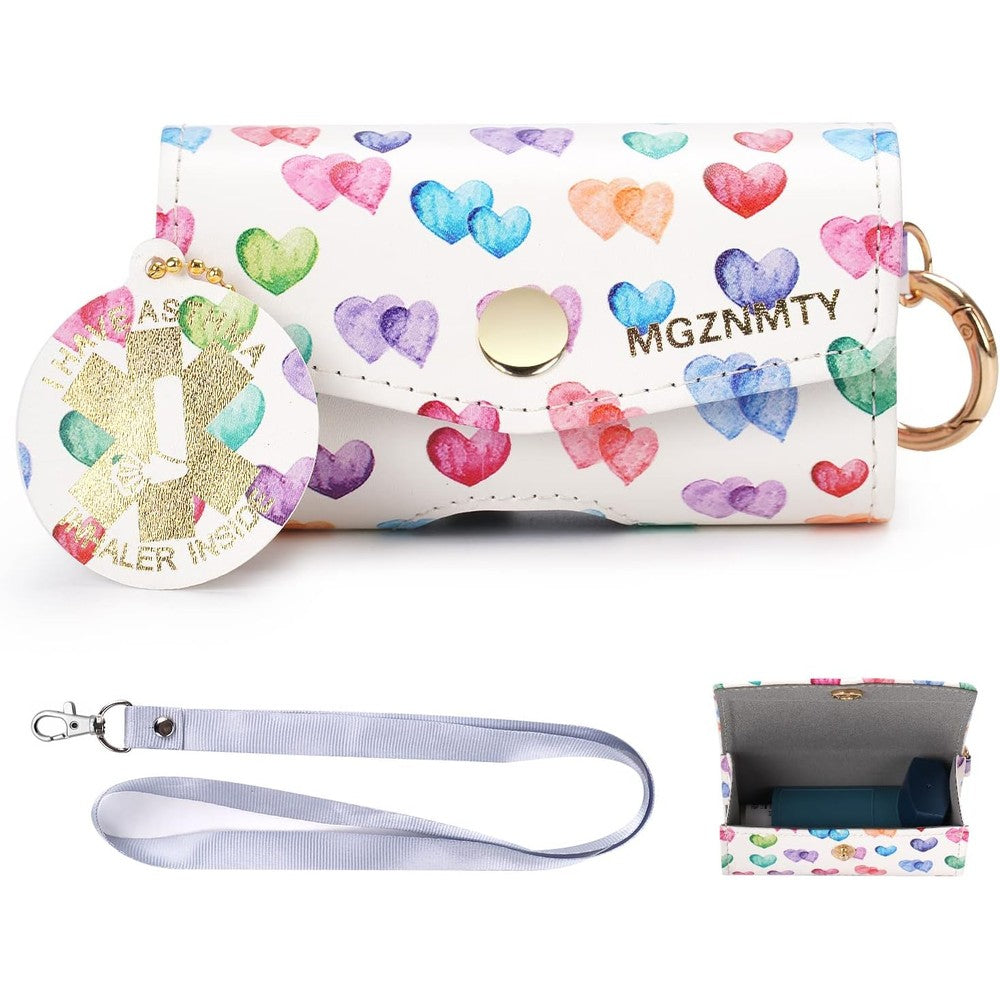 MGZNMTY asthma inhaler case front view with raining hearts pattern for travel protection
