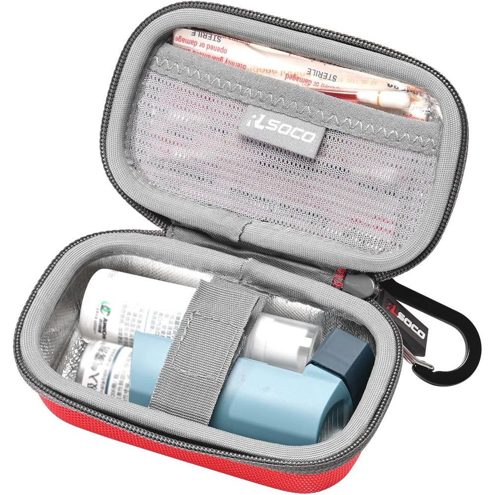 RLSOCO asthma inhaler carrying case front view in vibrant red color.