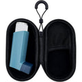 LeoTube Holder Travel Case for Asthma Inhaler front view showing premium black hardshell exterior
