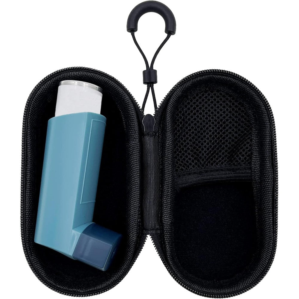 LeoTube Holder Travel Case for Asthma Inhaler front view showing premium black hardshell exterior