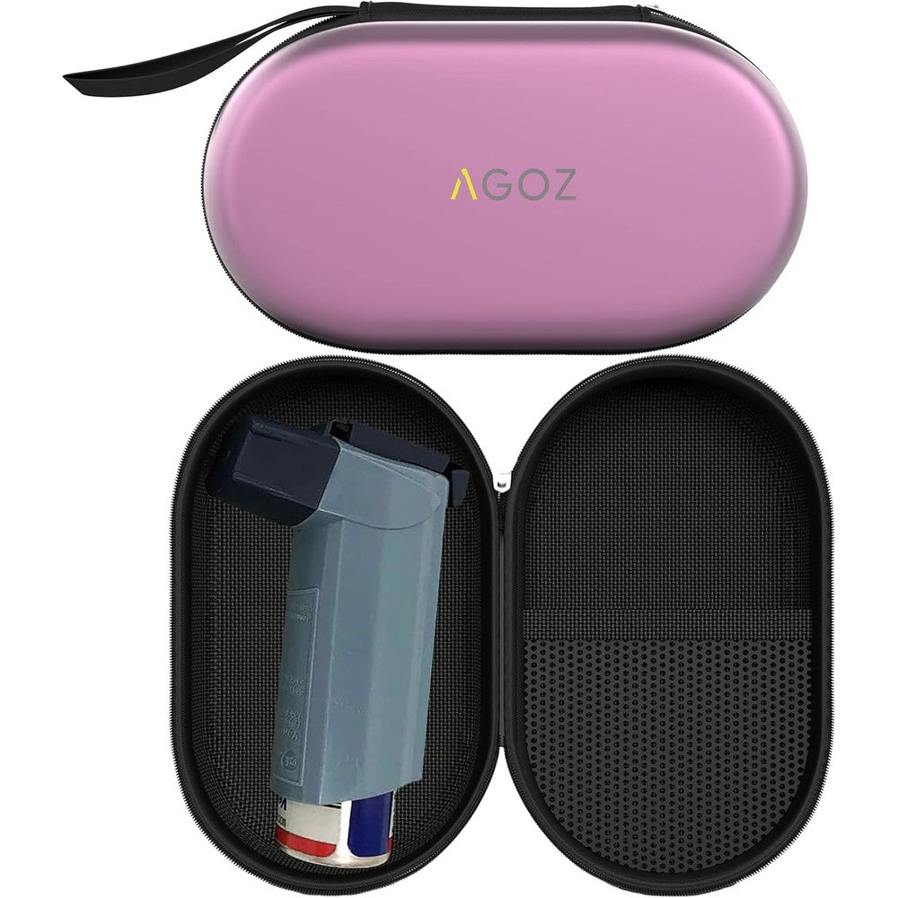 AGOZ asthma inhaler case purple front view showing premium hard shell exterior