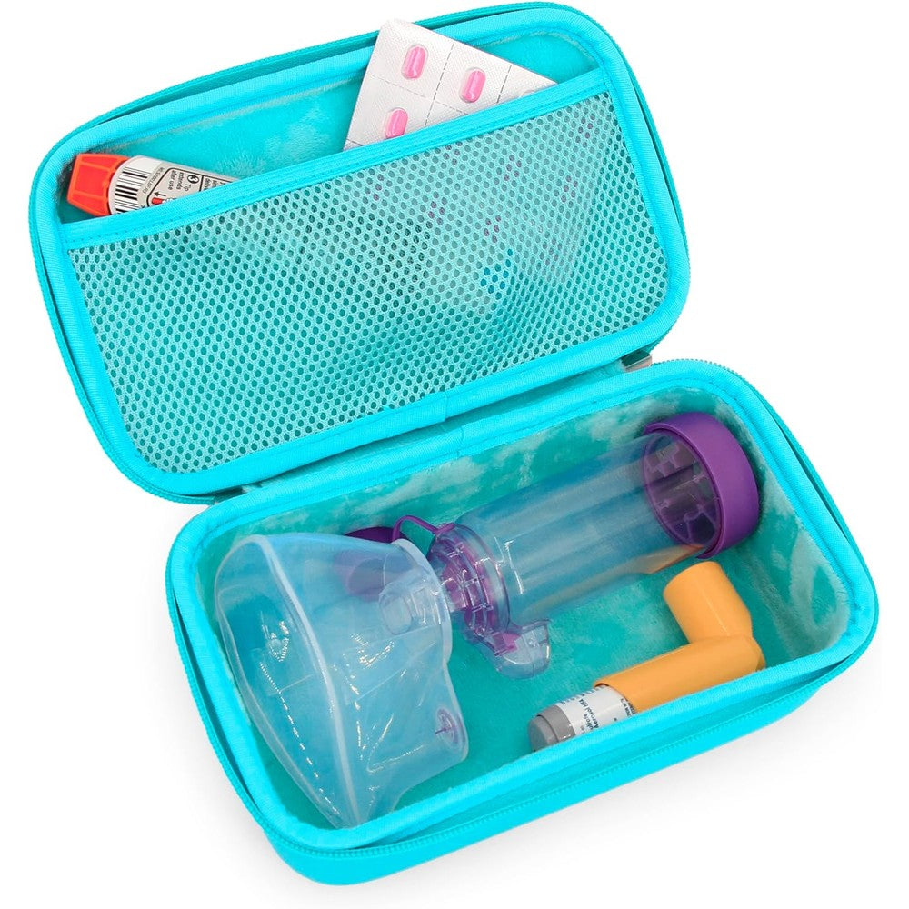 CASEMATIX asthma inhaler travel case front view showing turquoise hard shell