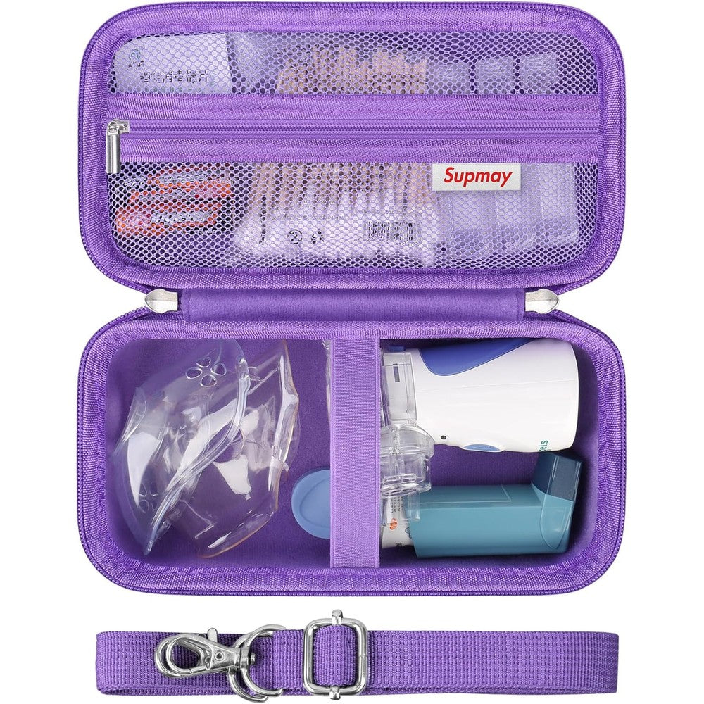 Supmay travel case for portable nebulizer front view showing purple hard shell design
