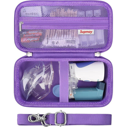 Supmay travel case for portable nebulizer front view showing purple hard shell design