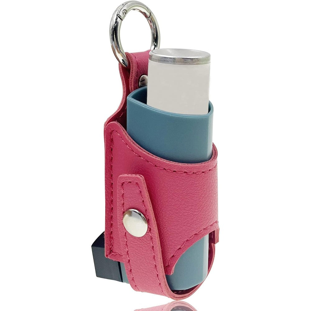 LeoTube asthma inhaler travel case in rose red front view attached to a backpack zipper