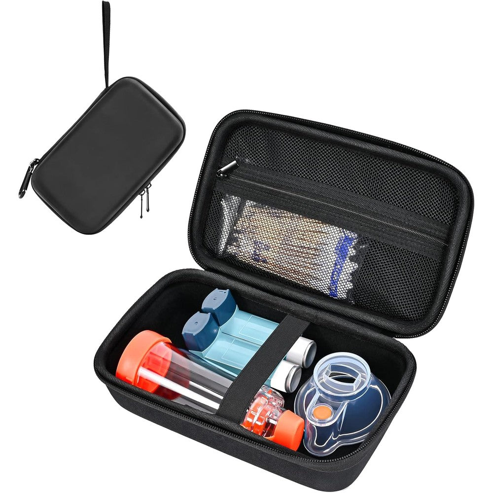ProCase hard carrying case for asthma inhaler front view displaying the durable black shockproof exterior shell.