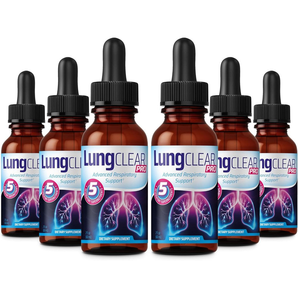 Lung Clear Pro lung support supplement drops front view showing six pack bottles for respiratory wellness.