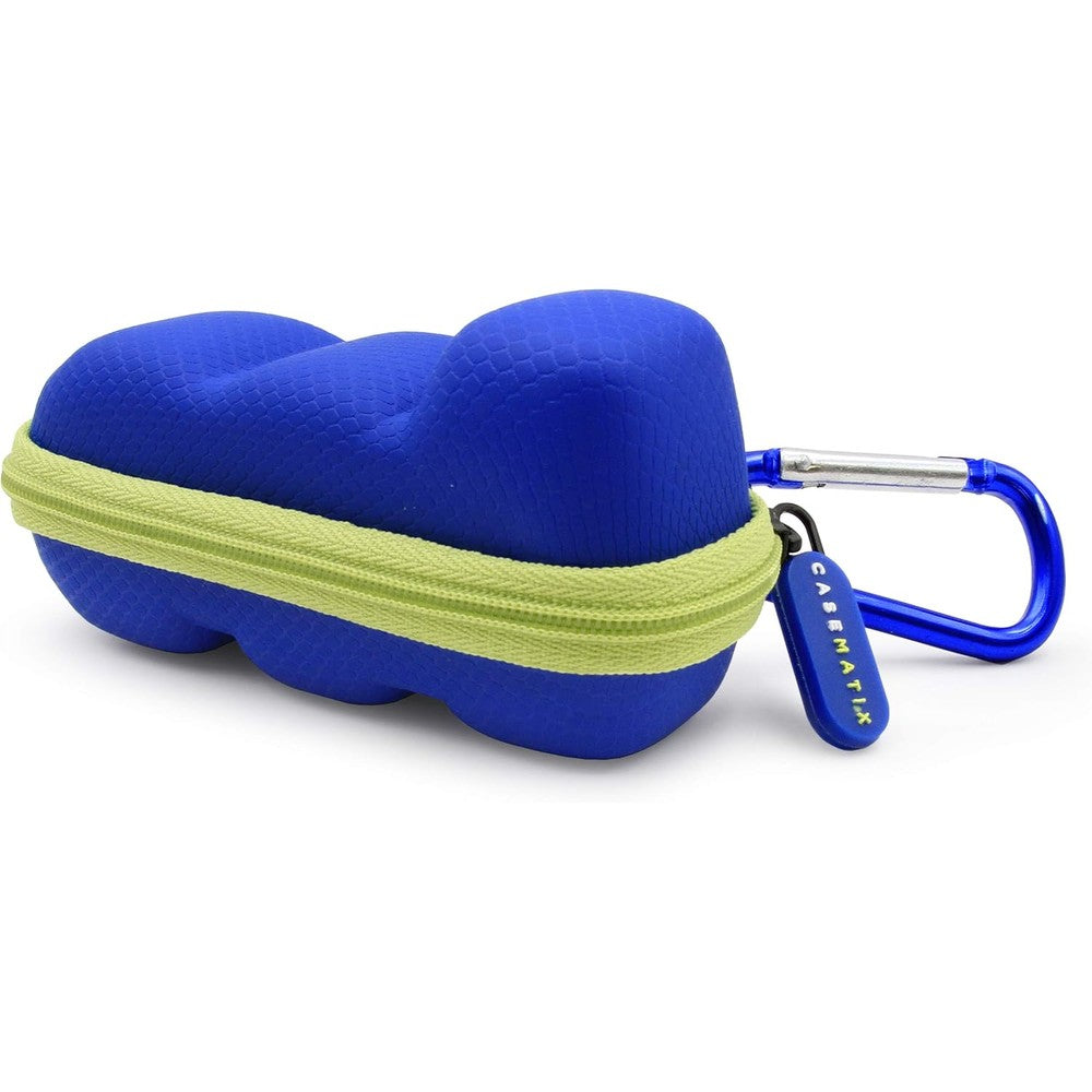 CASEMATIX asthma inhaler travel case front view showing blue hard shell exterior with green zipper