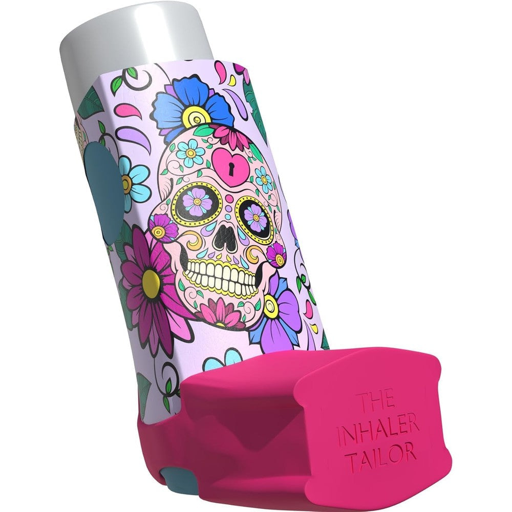 The Inhaler Tailor Day of the Dead inhaler holder front view premium protective sleeve